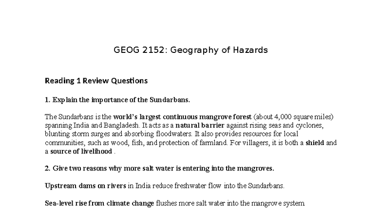 GEOG 2152: Geography of Hazards Reading 1 Review Questions - Studocu