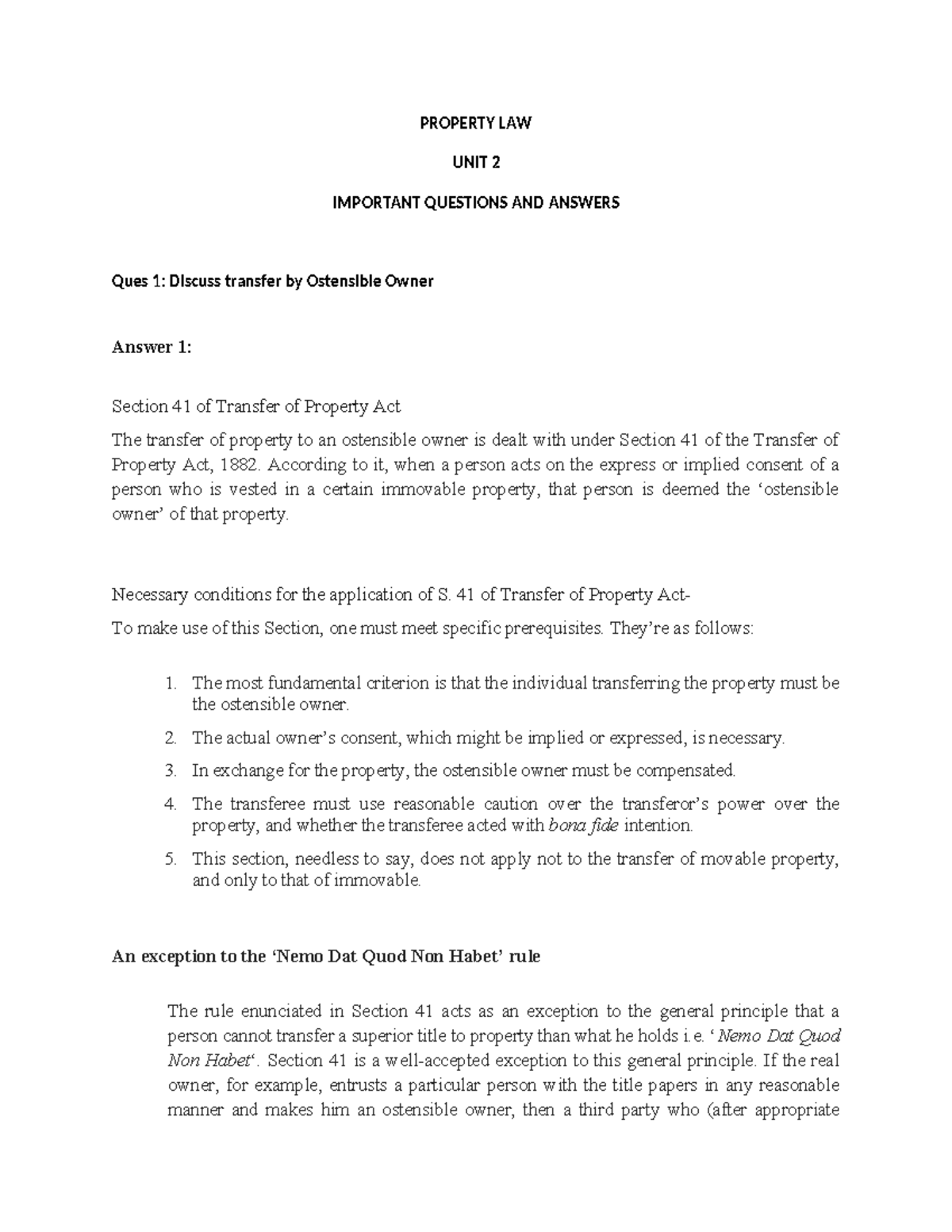 Property LAW UNIT 2 Q&A - question - PROPERTY LAW UNIT 2 IMPORTANT ...