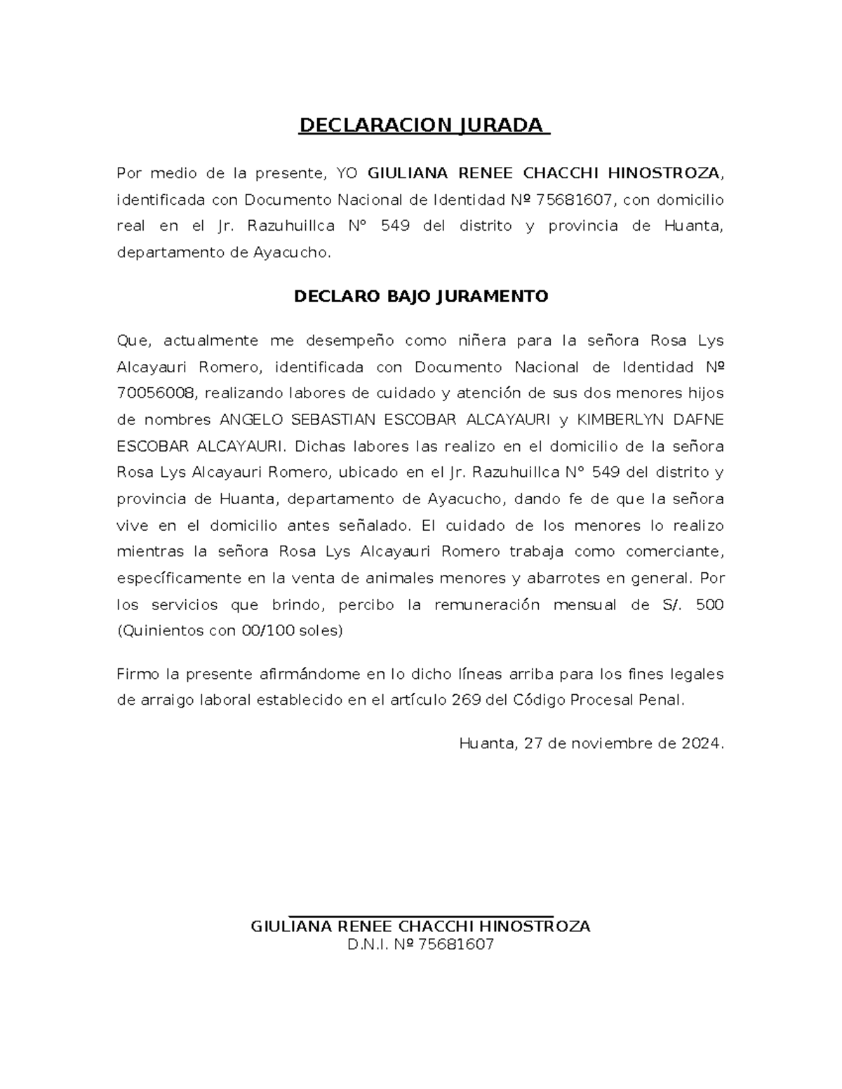 DJ Giuliana - Declaración Jurada de Trabajo como Niñera - Document Preview