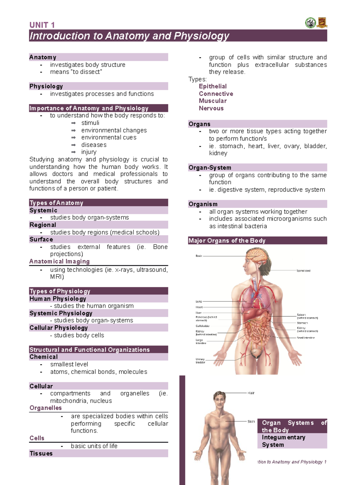 Unit 1 - Intro to Anatomy & Physiology: Structure & Function - Studocu