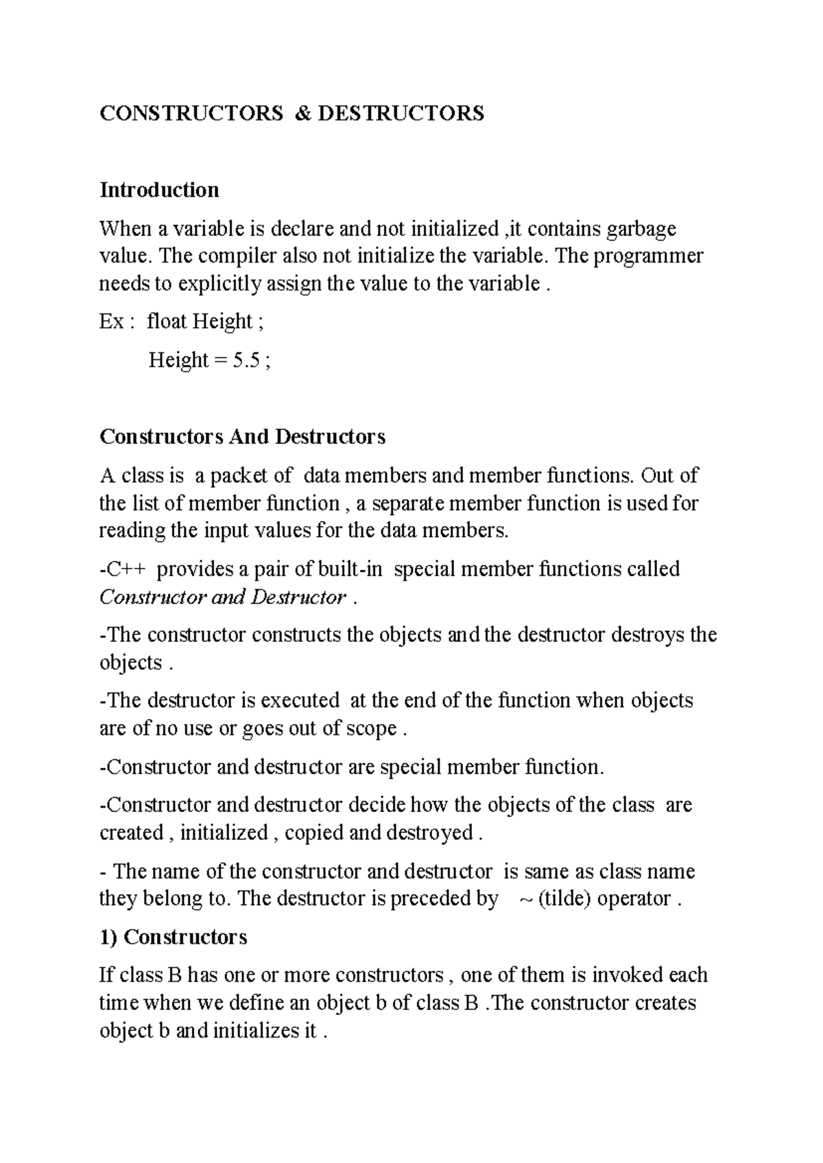 C++ Constructors & Destructors Overview - CS101 Lecture Notes - Studeersnel