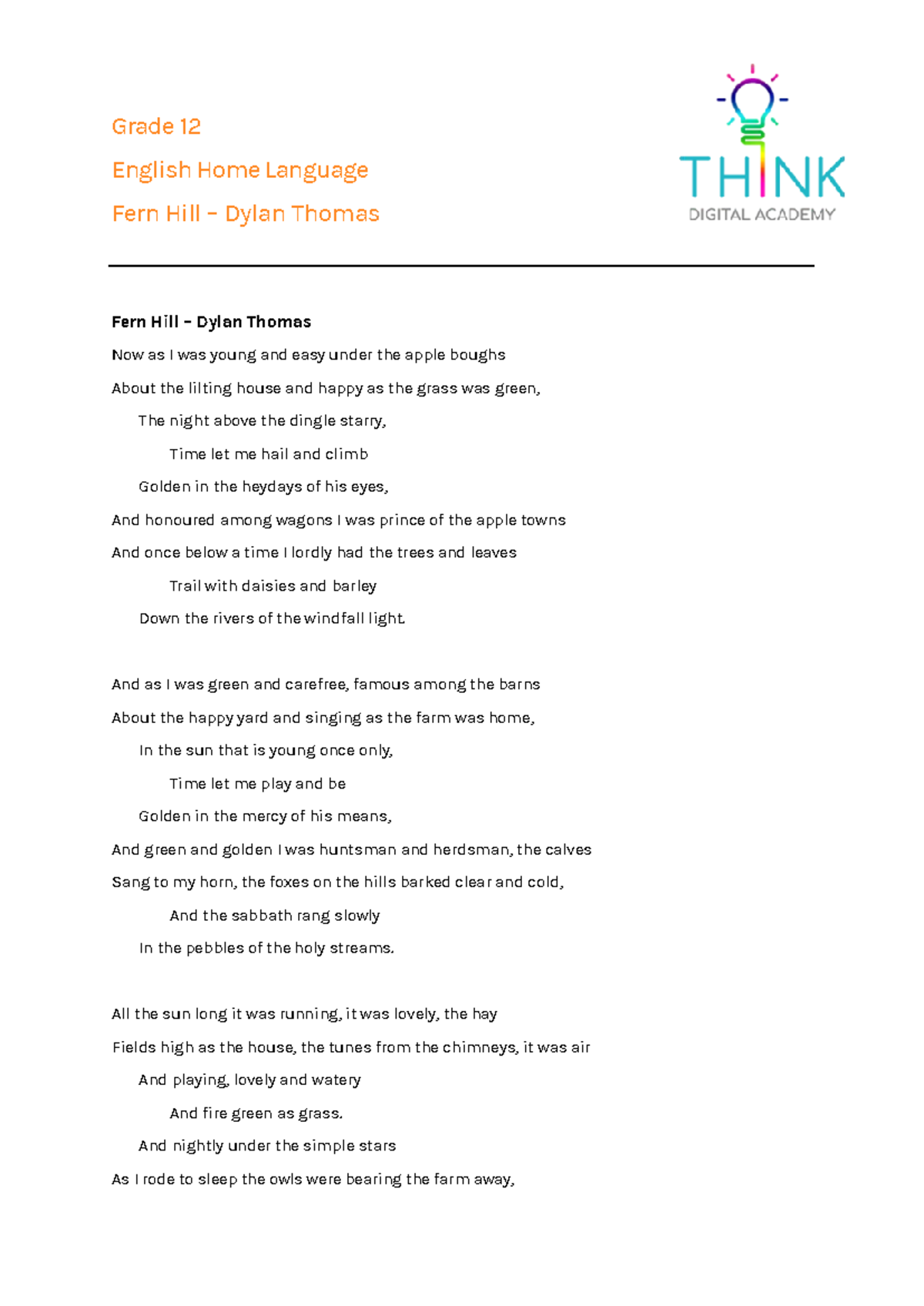 Grade 12 English HL Fern Hill by Dylan Thomas Poem