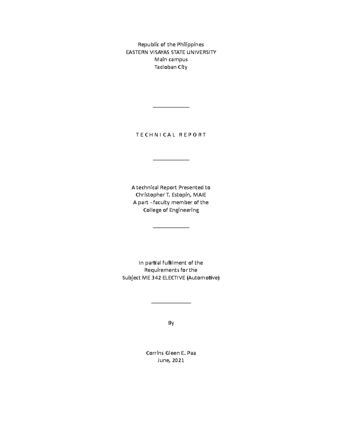 ME 342 Technical Report on Automotive Engine Systems by Corrins Gleen E ...