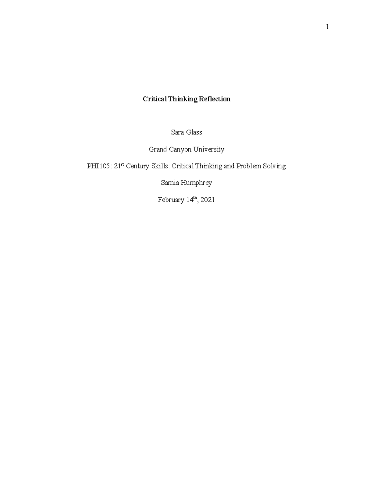 PHI105 Critical Thinking Reflection Essay - Studocu