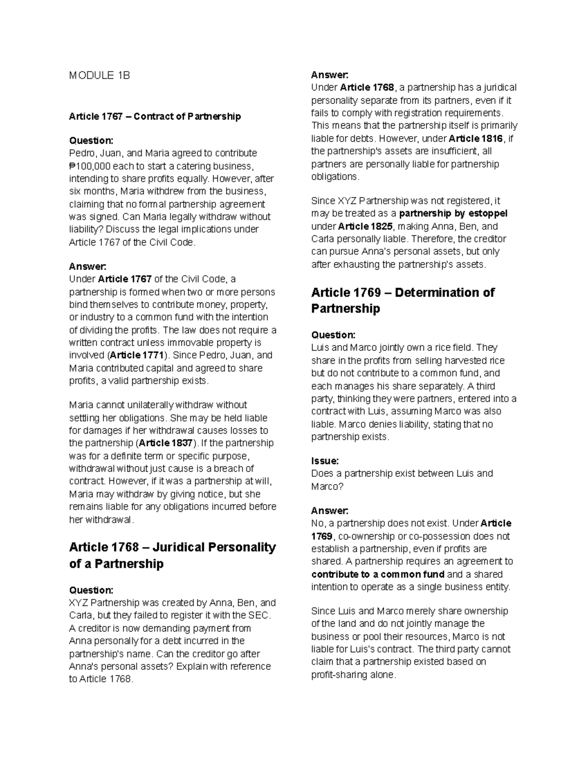 Partnership Law Overview: Articles 1767-1849 with Case Examples - Studocu