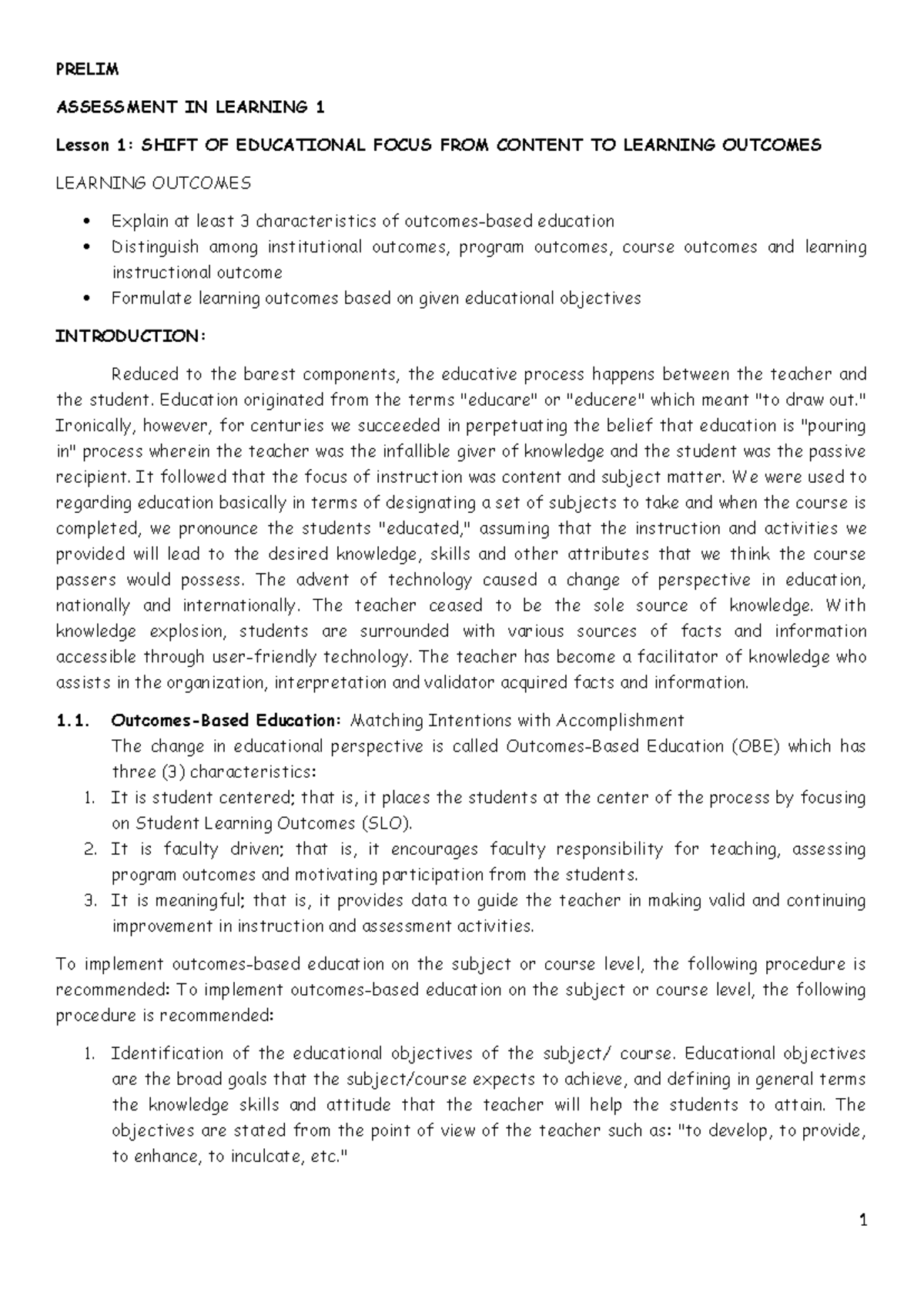 Assessment in Learning 1: Key Insights and Learning Outcomes - Studocu