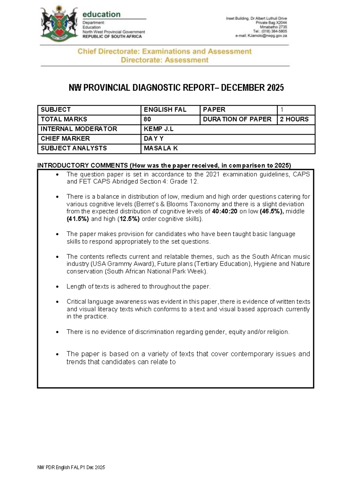 NW PDR English FAL P1 Diagnostic Report December 2025 Analysis - Studocu