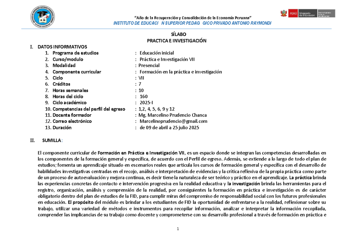 Sílabo Práctica e Investigación VII - IESPPAR - 2025-I - Document Preview