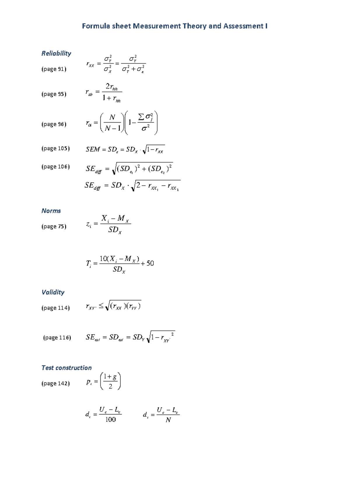 Formulasheet for Measurement Theory & Assessment I (MTA1) - Studeersnel