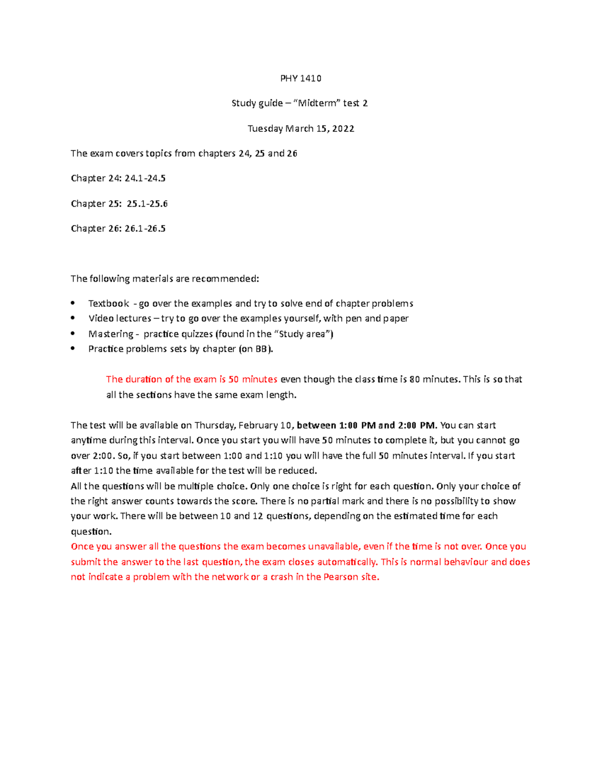 PHY 1410 Study Guide for Midterm 2 Exam (Chapters 24-26) - Studocu