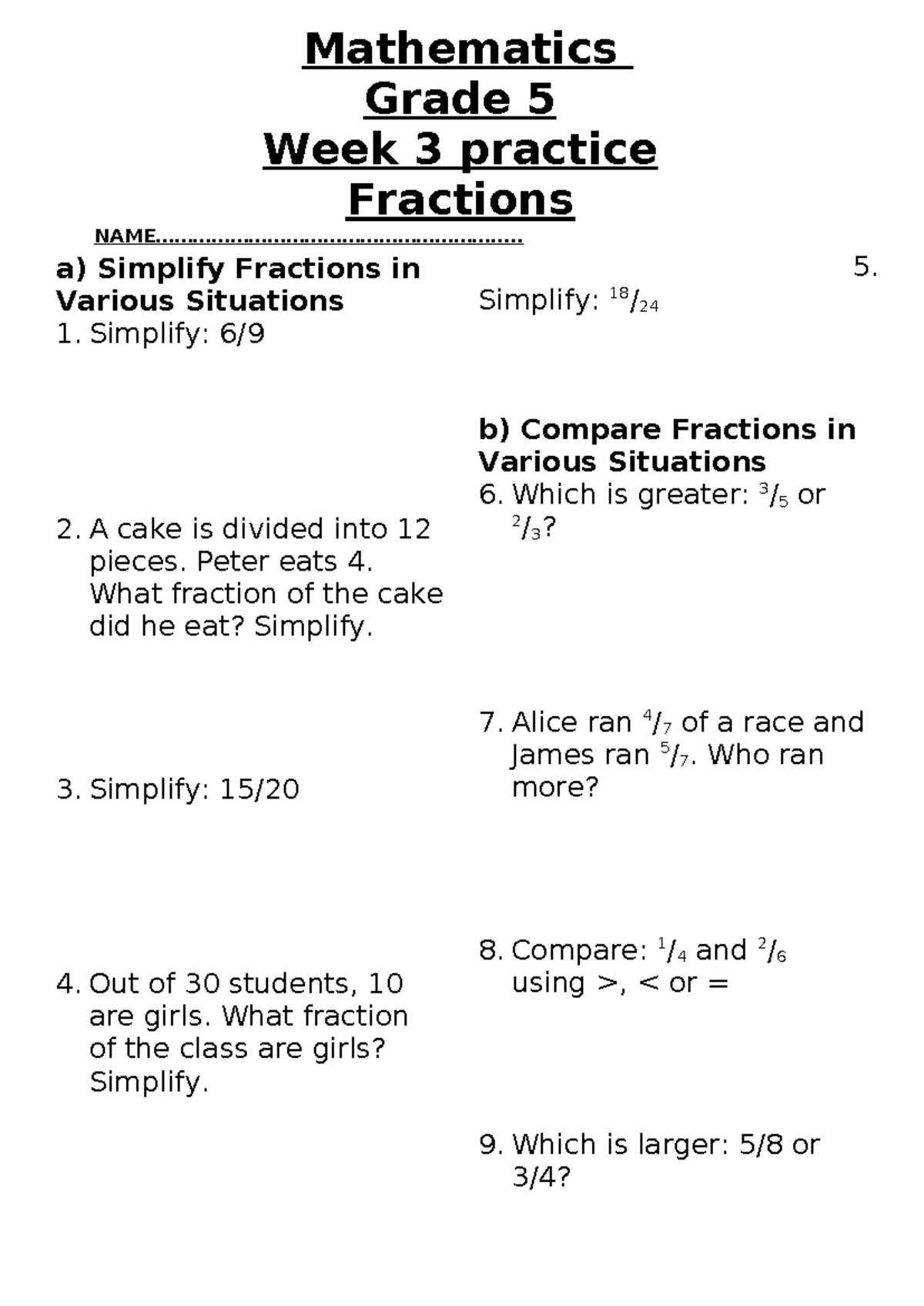 Mathematics Grade 5 Week 3 Practice: Simplifying & Comparing Fractions ...