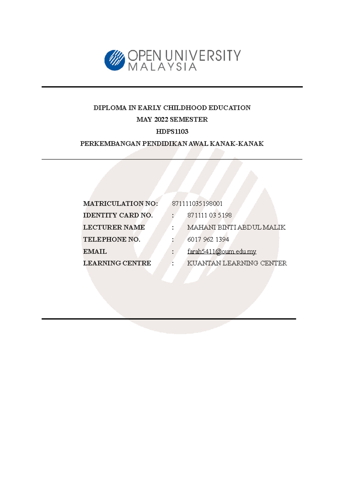 Assignment Hdps1103 Answer True Diploma In Early Childhood