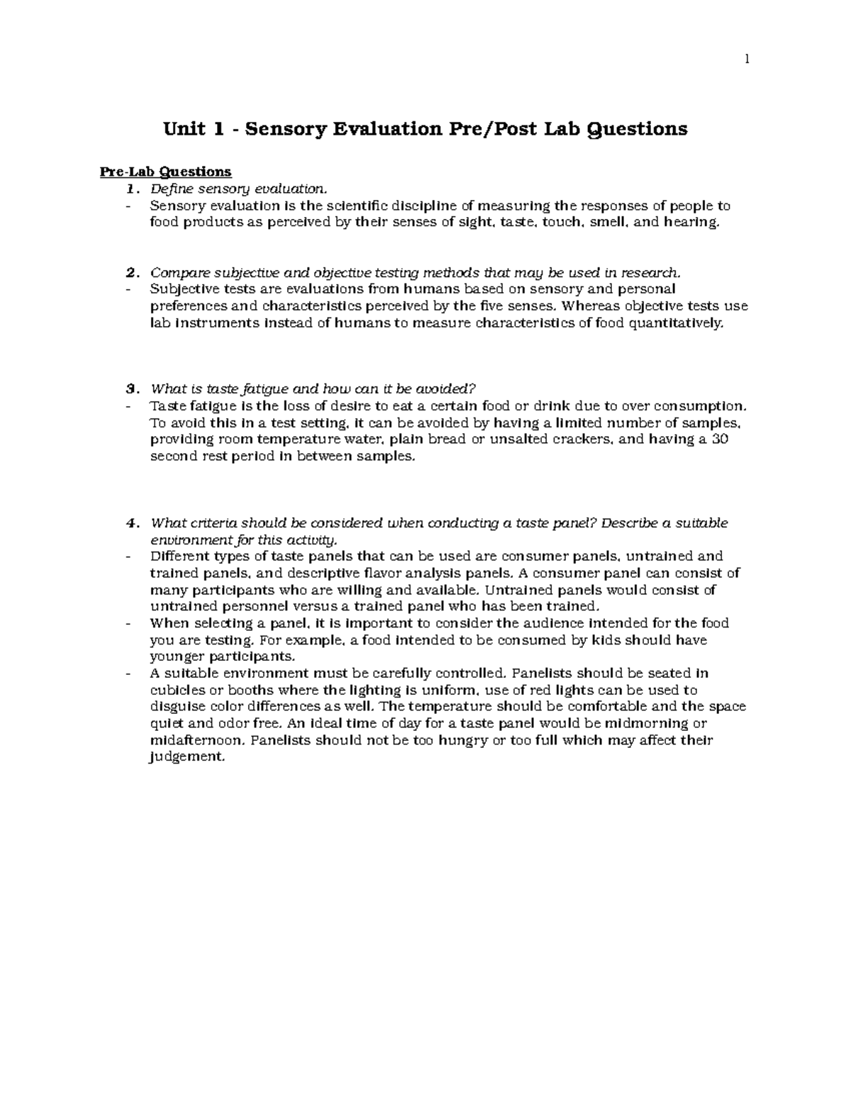 Unit 1: Sensory Evaluation Pre/Post Lab Q&A for Course Code - Studocu