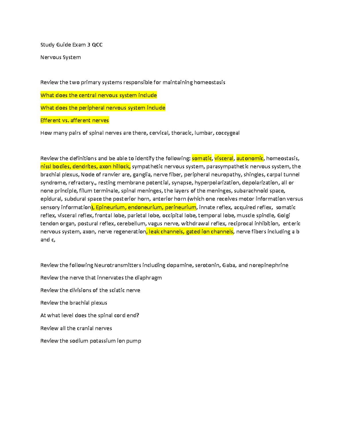 Study Guide Exam 3: Nervous System Concepts & Functions - Studocu