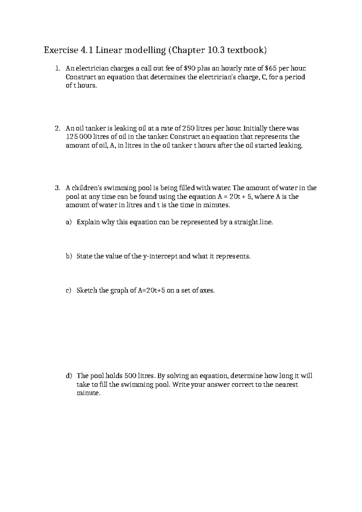 General Math Revision: Linear Modelling Exercises (Chapter 10.3) - Studocu