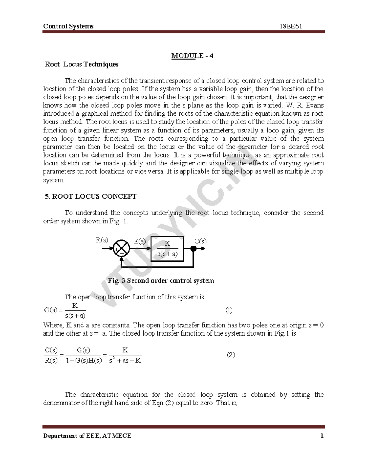 Control Systems 18EE61 Module 4: Root Locus Techniques and Stability ...