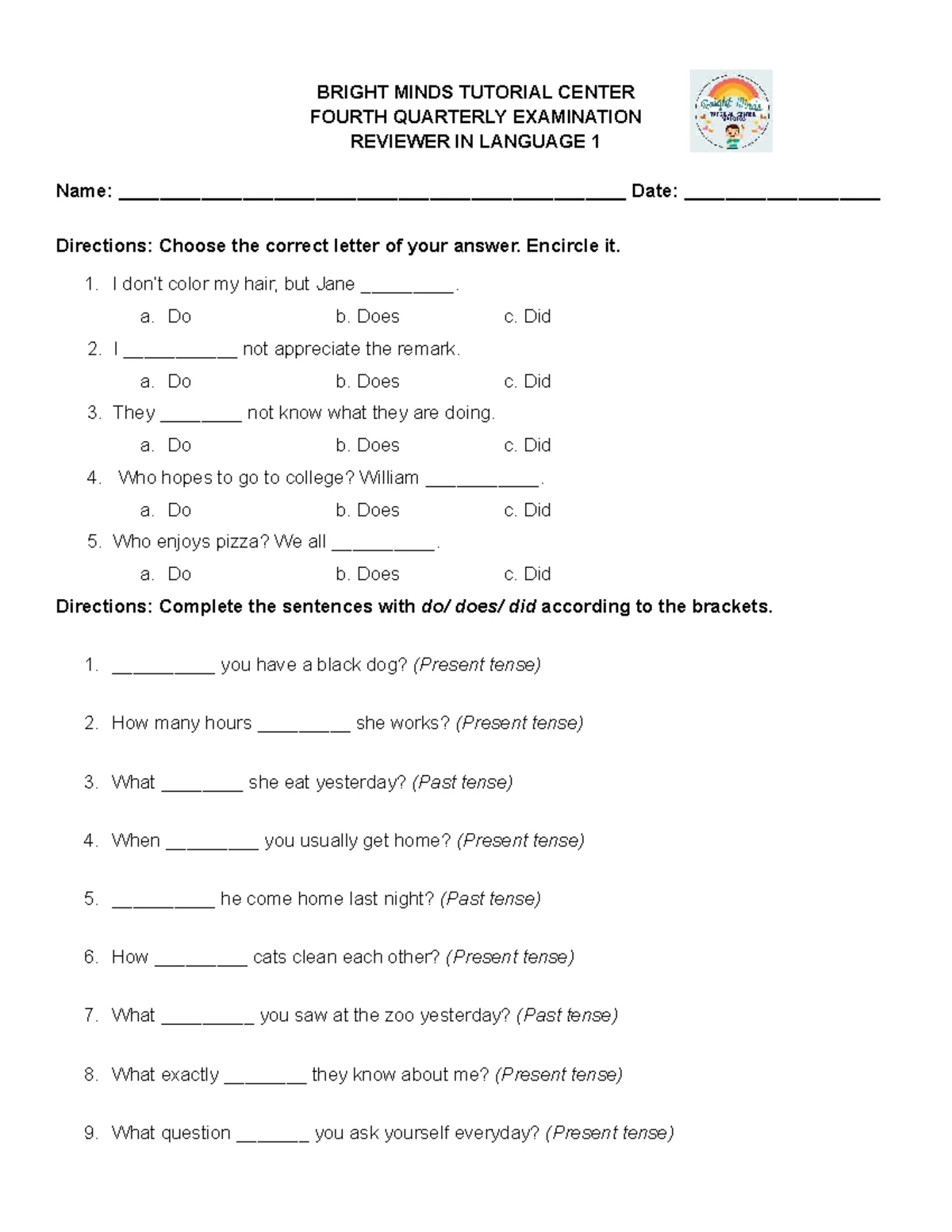 BRIGHT MINDS TUTORIAL CENTER 4TH QTR EXAM REVIEWER IN READING & SCIENCE ...