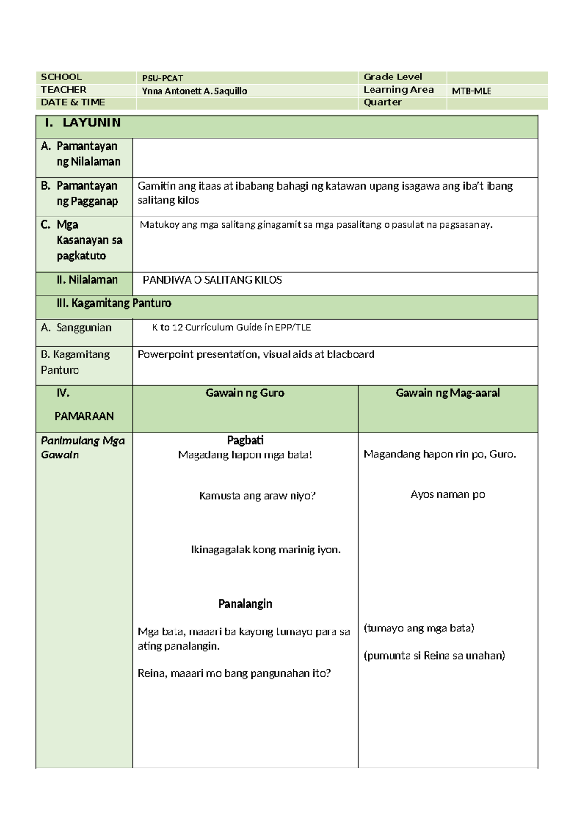 Lesson Plan MTB MLE (Finalized) by Ynna Antonett A. Saquillo - Studocu