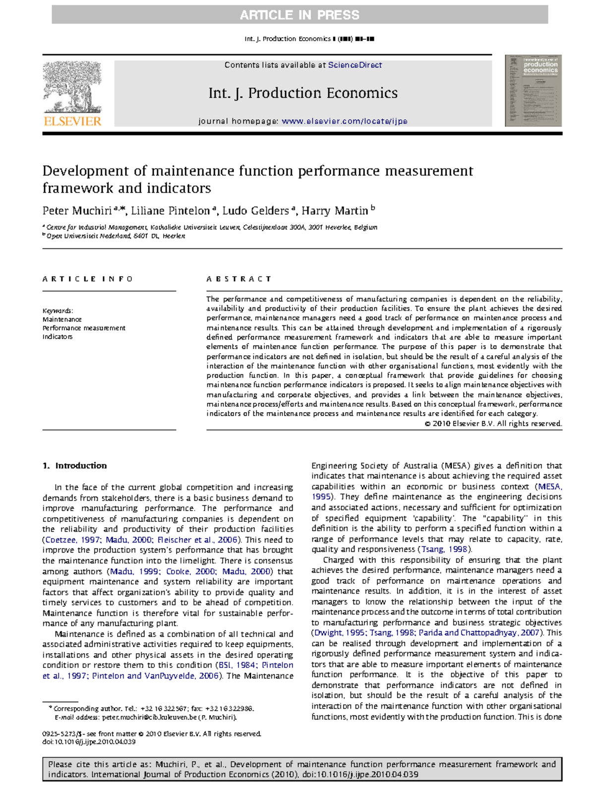 Development of Maintenance Performance Measurement Framework (MPE 101 ...