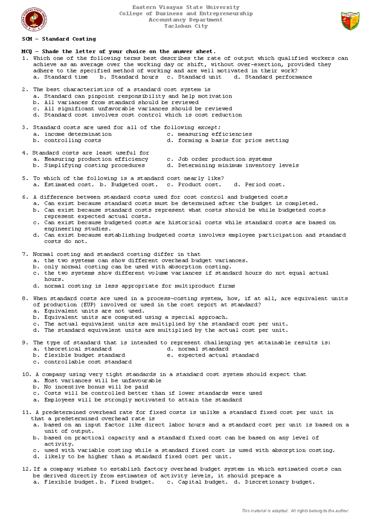 SCM-OQ1 - Multiple Choice Problem Questions on Strategic Cost ...