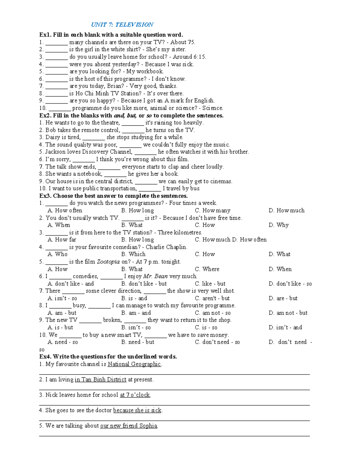 G6.UNIT 7 - TV Question Words & Sentence Completion Exercises - Studocu