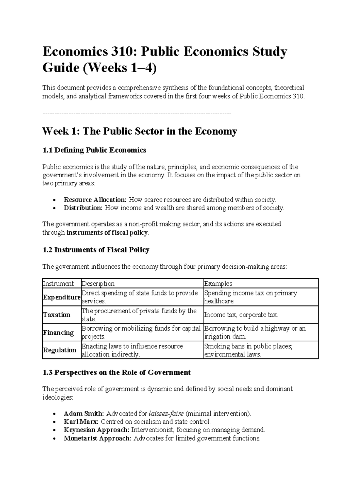 Economics 310: Public Economics Study Guide (Weeks 1-4) - Studocu