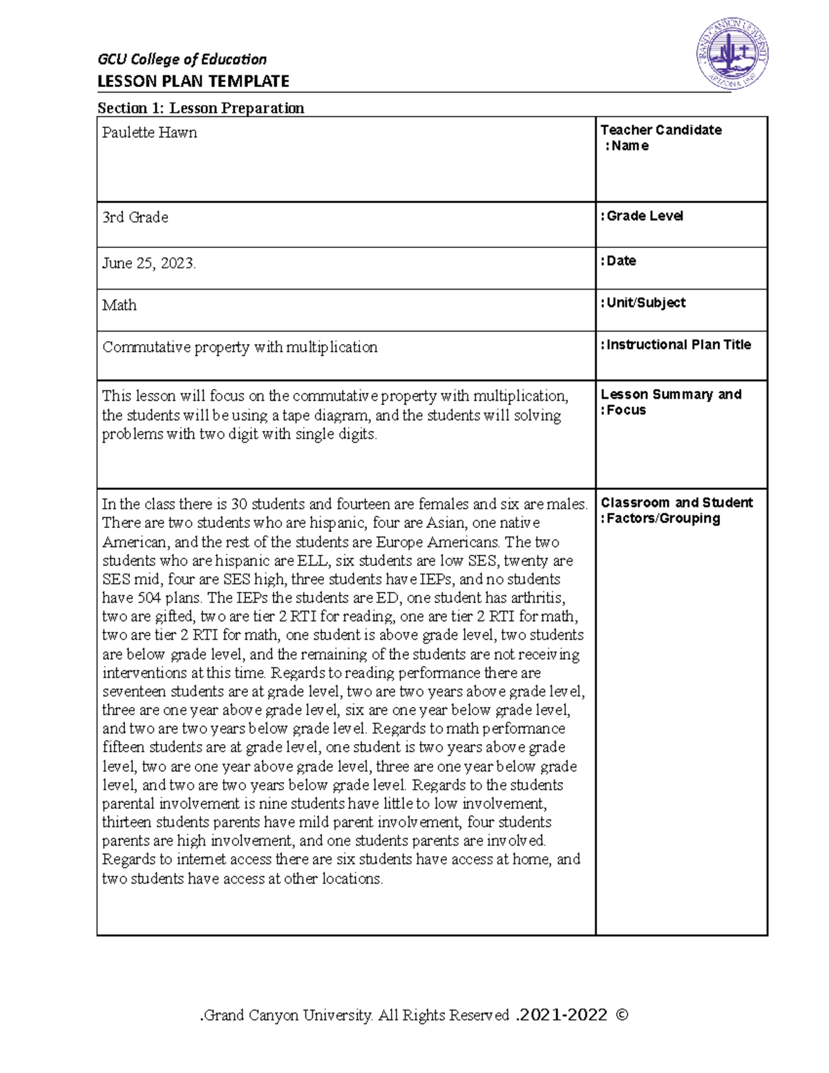 SPD 470: Operations & Algebraic Thinking Lesson Plan on Commutative ...