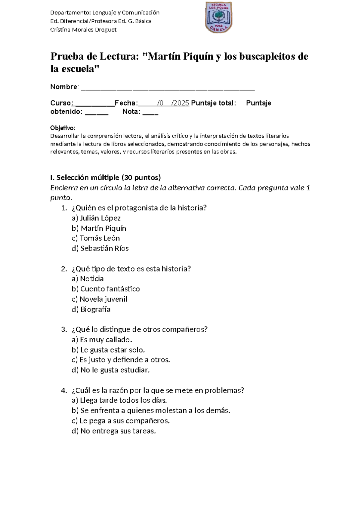 Prueba de Lectura: Martín Piquín y los Buscapleitos - Lenguaje y Comunicación - Document Preview