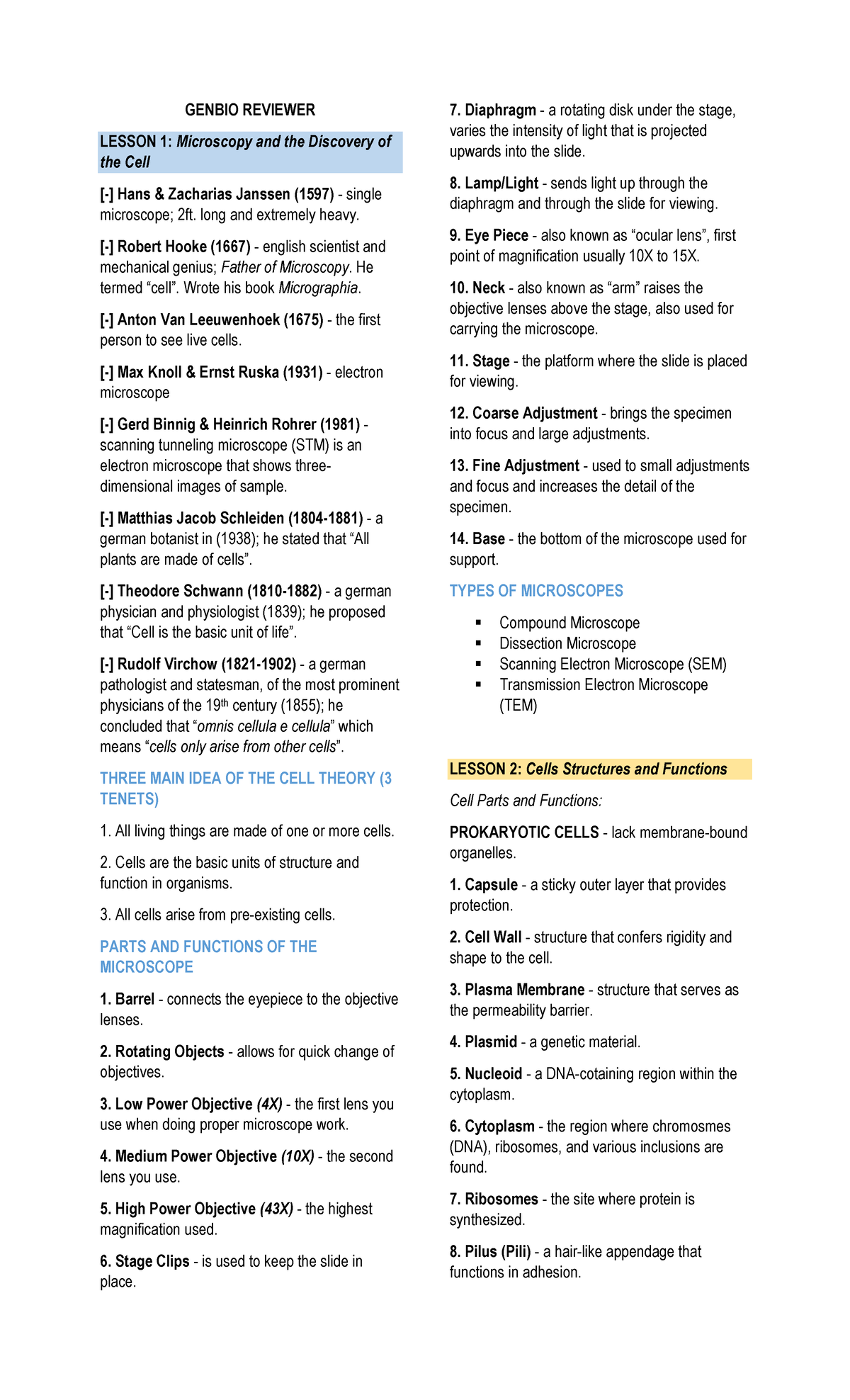 GENBIO REVIEWER: Lesson 1 - Microscopy & Cell Discovery - Studocu