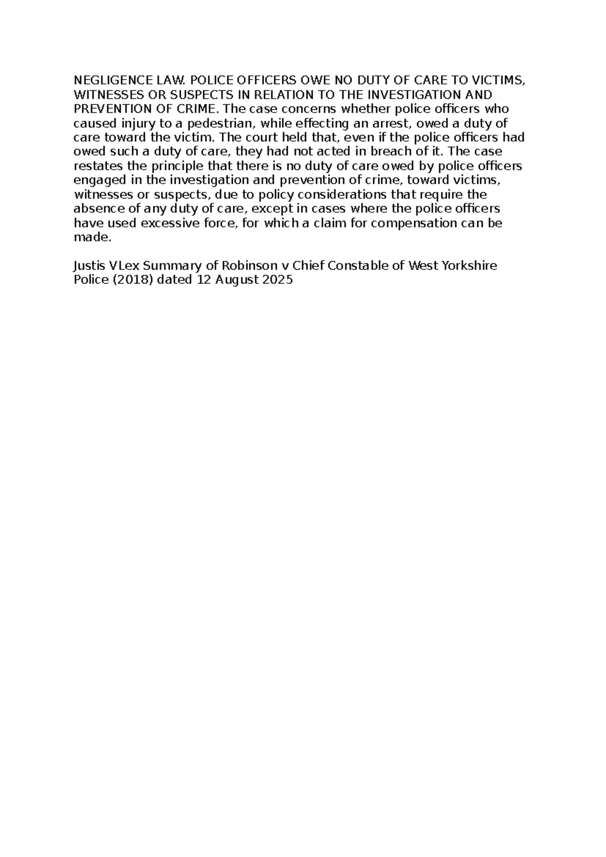 Negligence Law: Duty of Care in Robinson v Chief Constable Case - Studocu