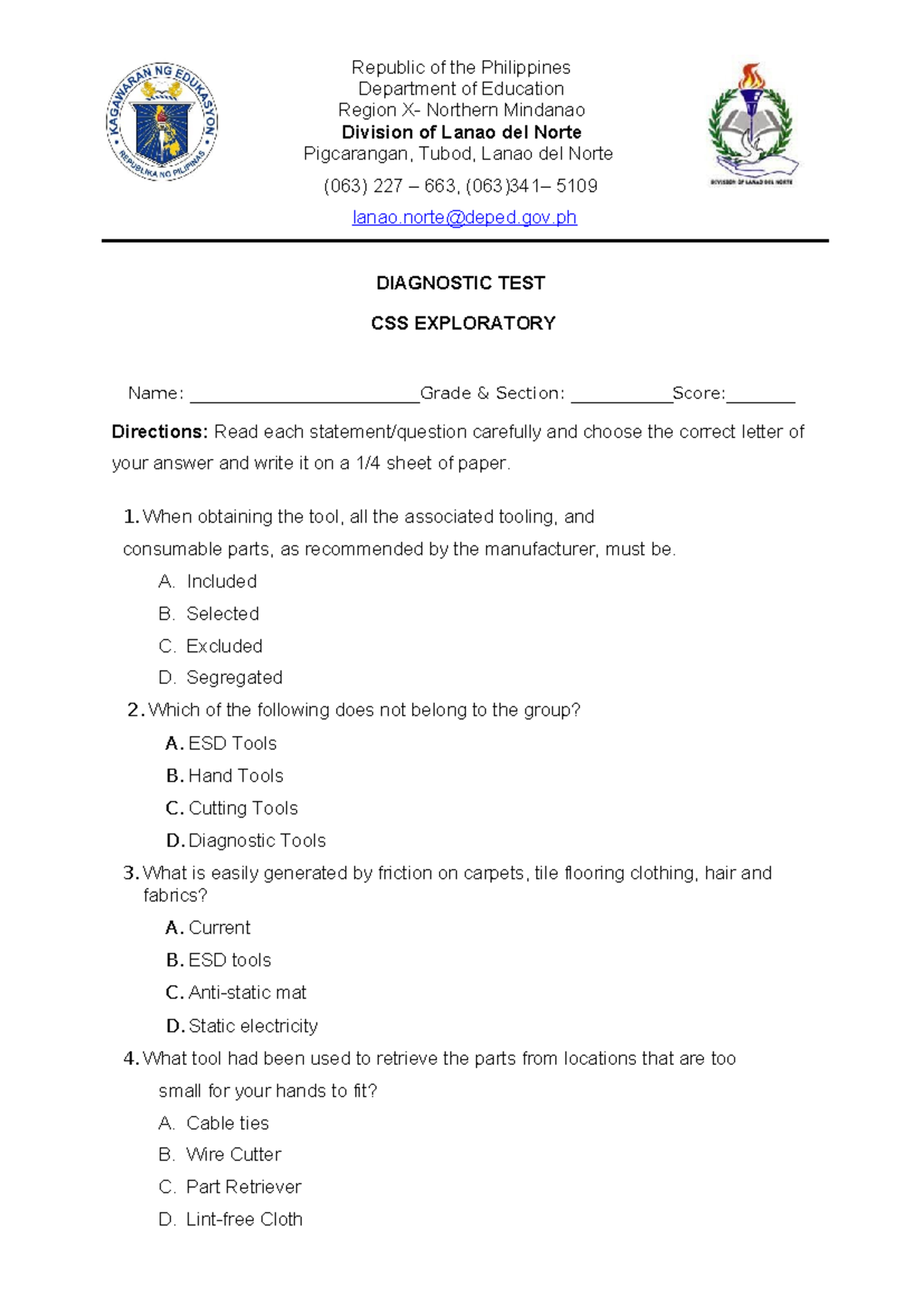 CSS Questionaire Sample - Republic of the Philippines Department of ...