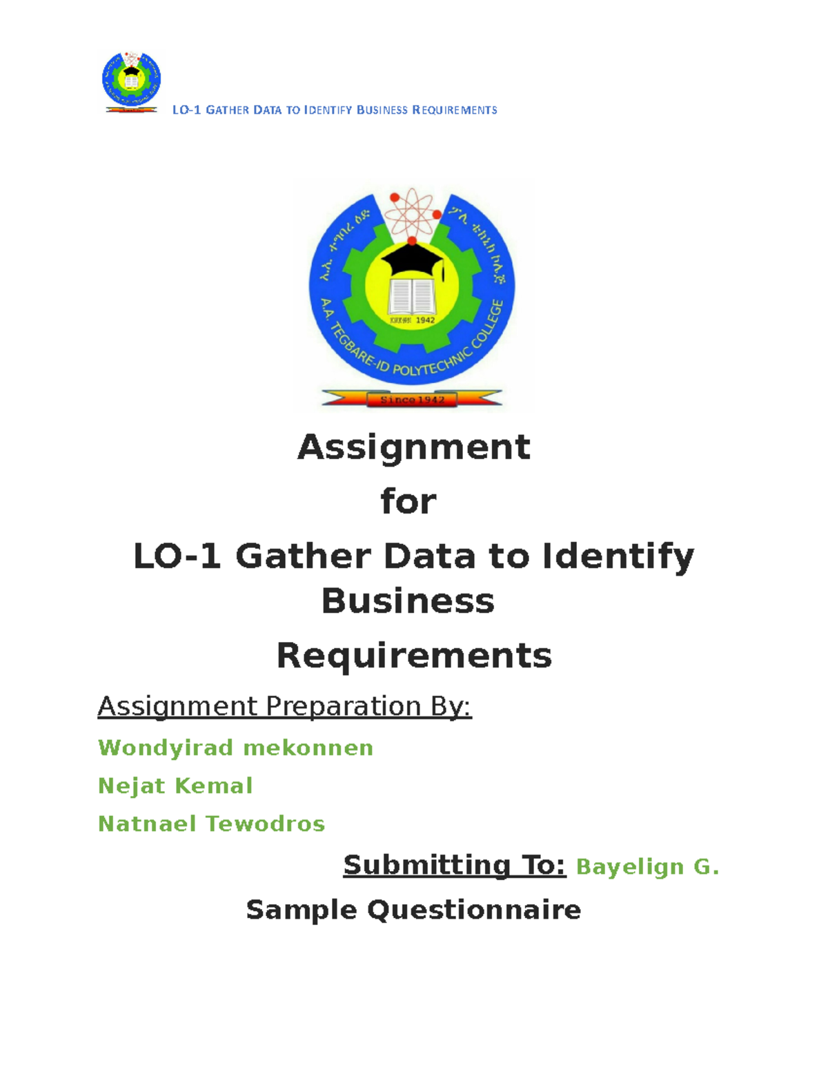 LO-1 Assignment: Data Collection Analysis for Business Requirements ...