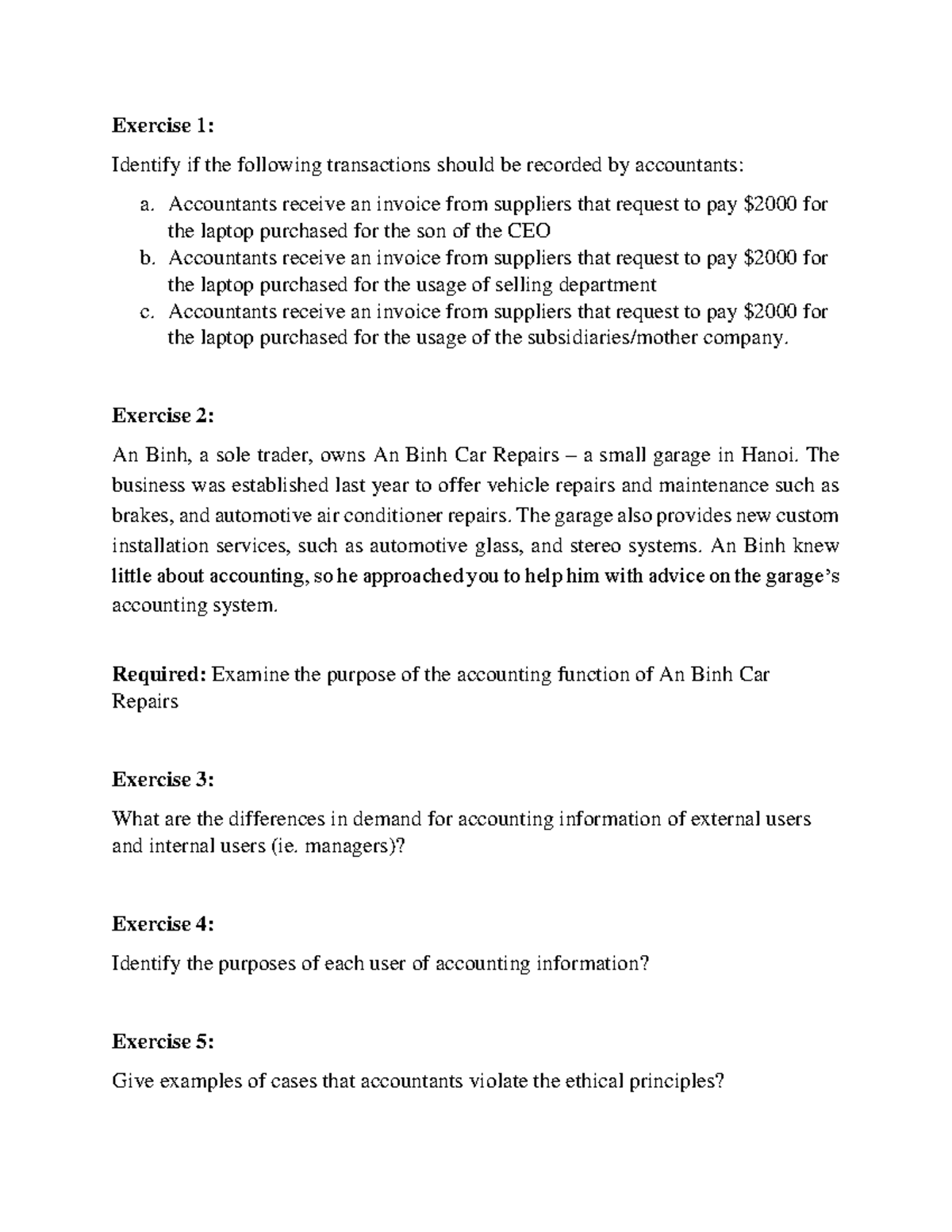 Session 1 Exercises: Accounting Principles and Ethics Insights - Studocu