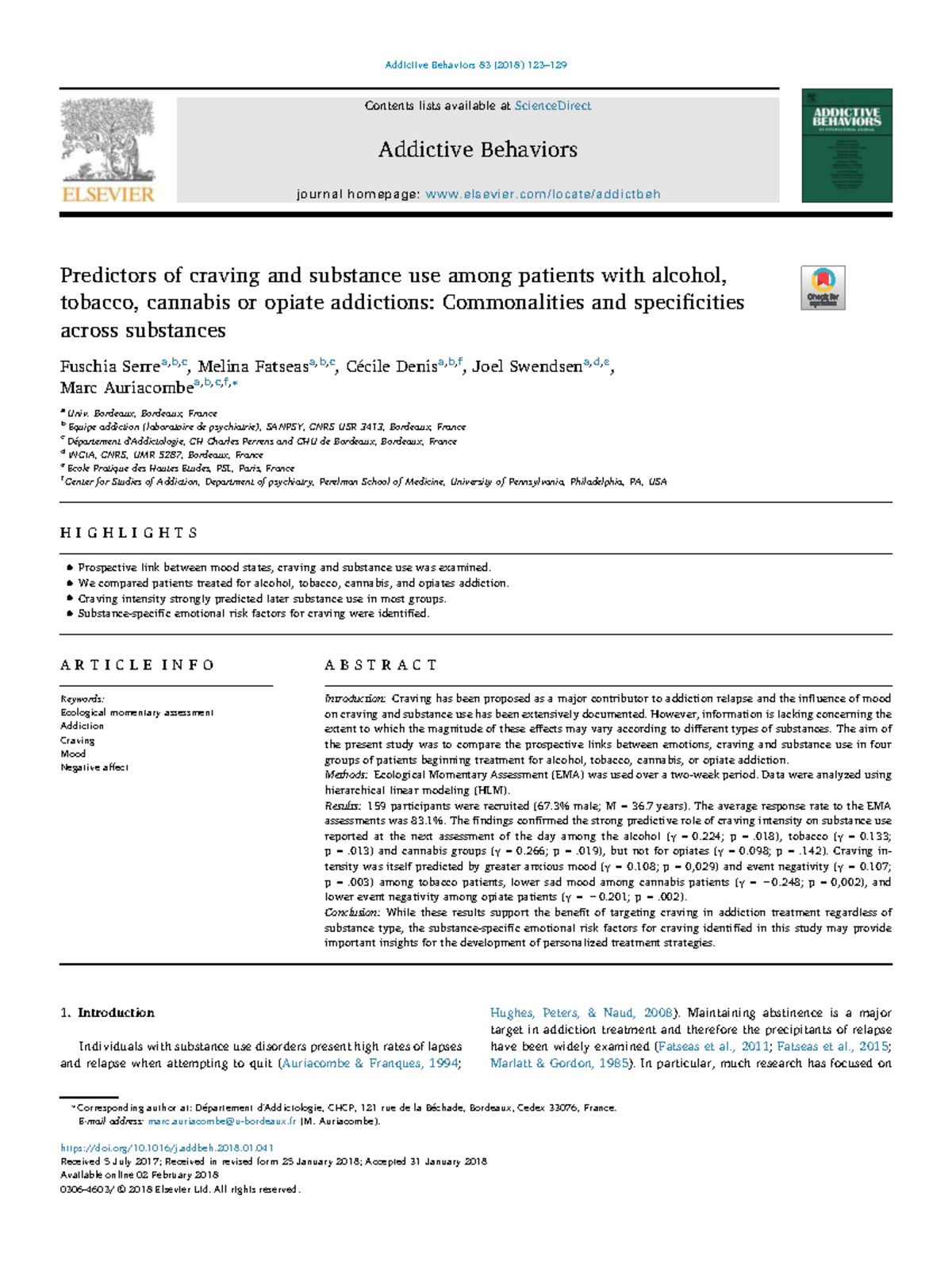 Predictors of Craving and Substance Use in Addiction Treatment (AB 83 ...