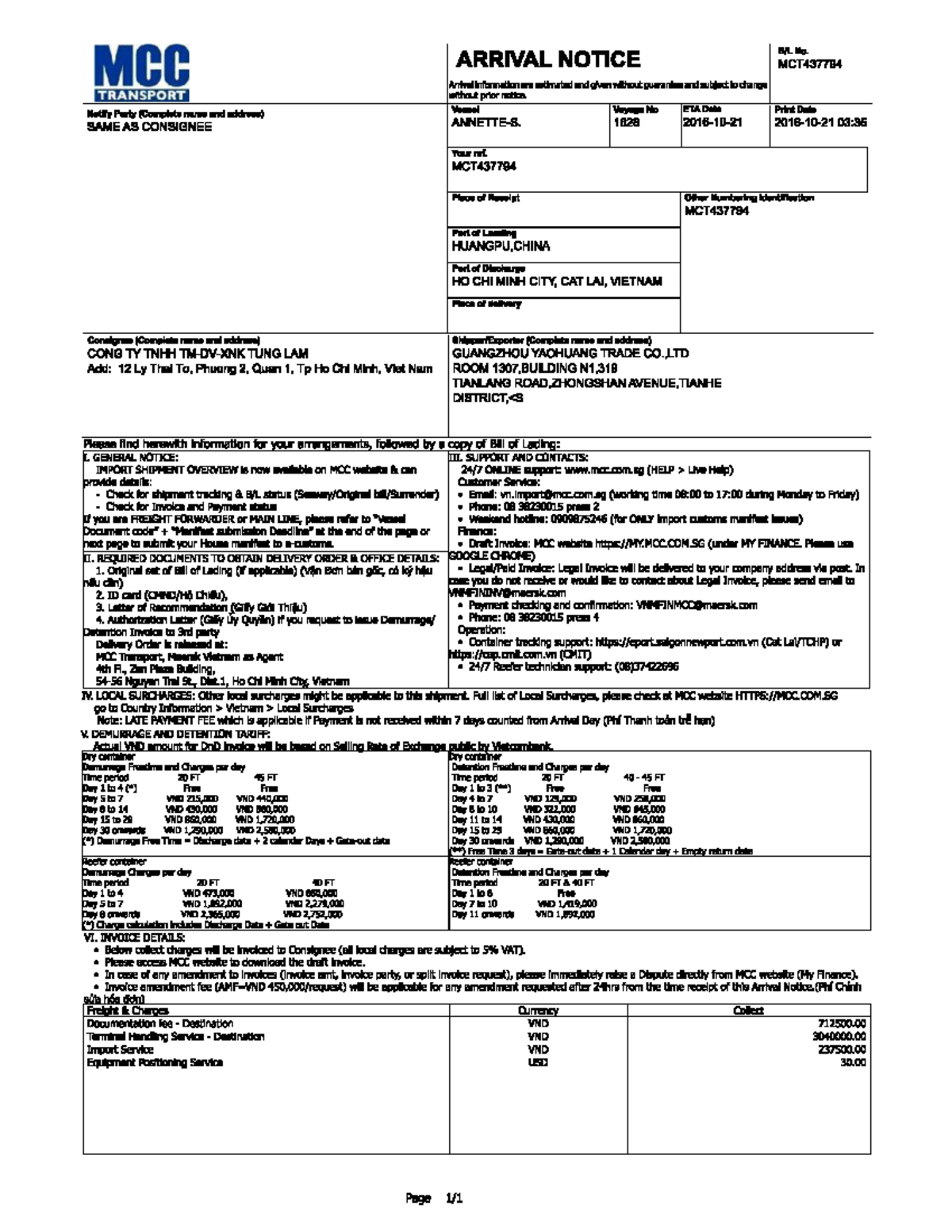 MCT437794 Arrival Notice: Import Shipment Details & Instructions - Studocu