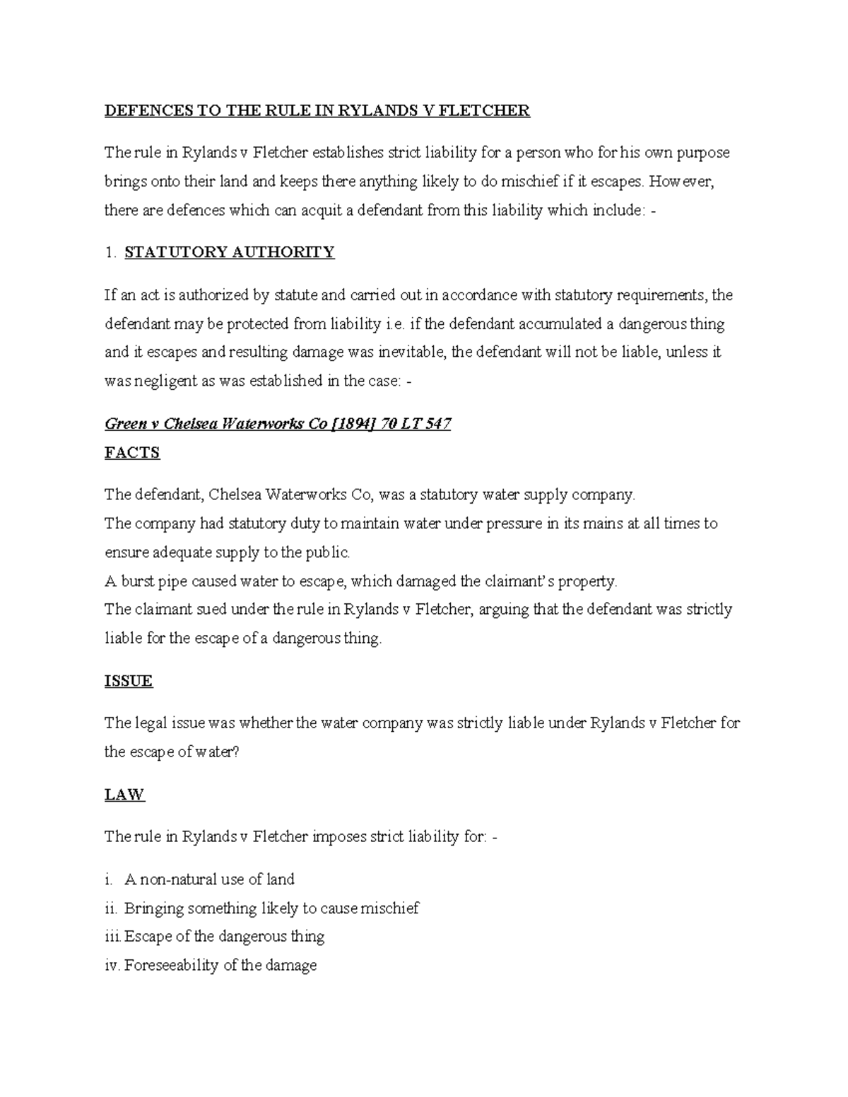 Defences to the Rule in Rylands v Fletcher: Legal Analysis and Cases ...