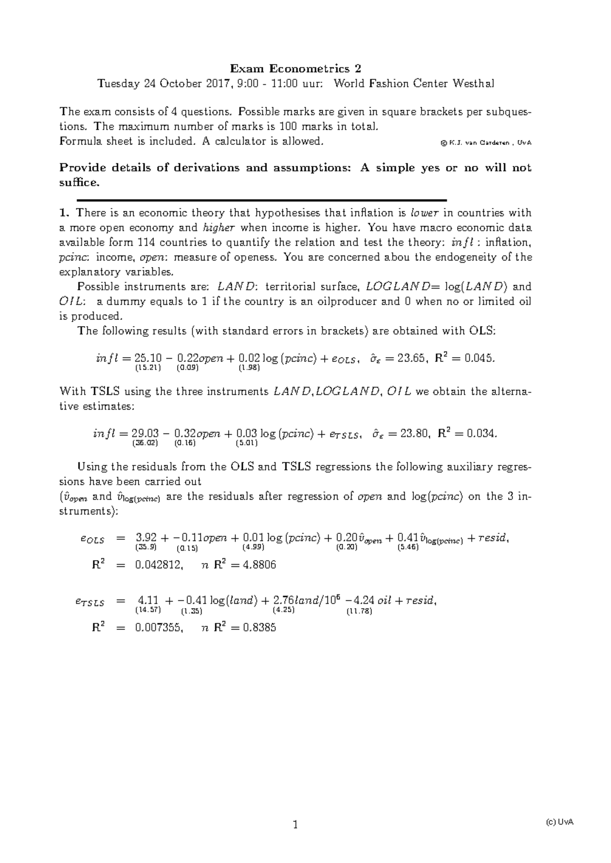 Tent EC2-2017: Econometrics Exam Answers and Analysis - Studeersnel