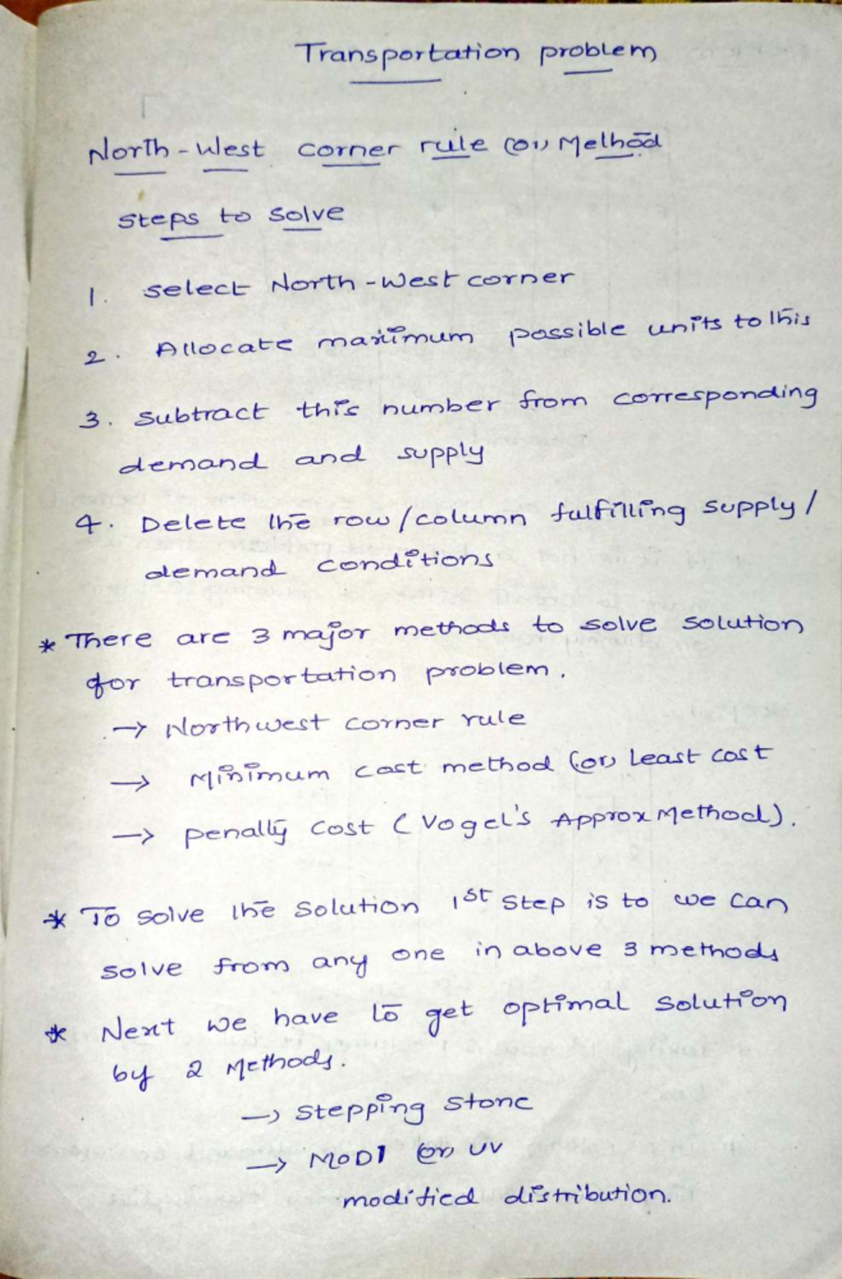 Transportation Problem: Steps to Solve - OOR UNIT 3 Notes - Studocu