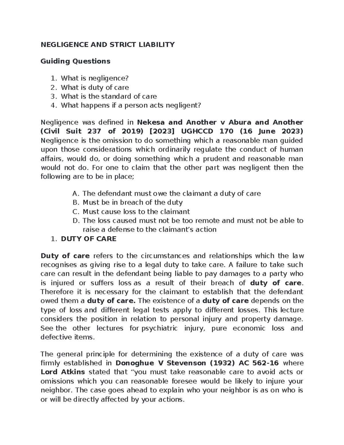 Negligence and Strict Liability: Key Concepts and Case Analysis - Studocu