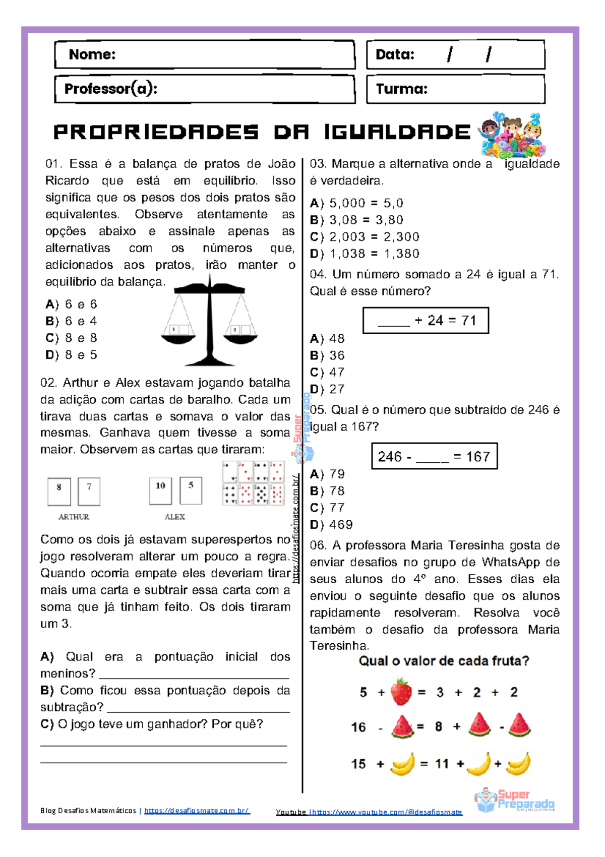Atividade de Propriedades da Igualdade - 4º Ano - Studocu