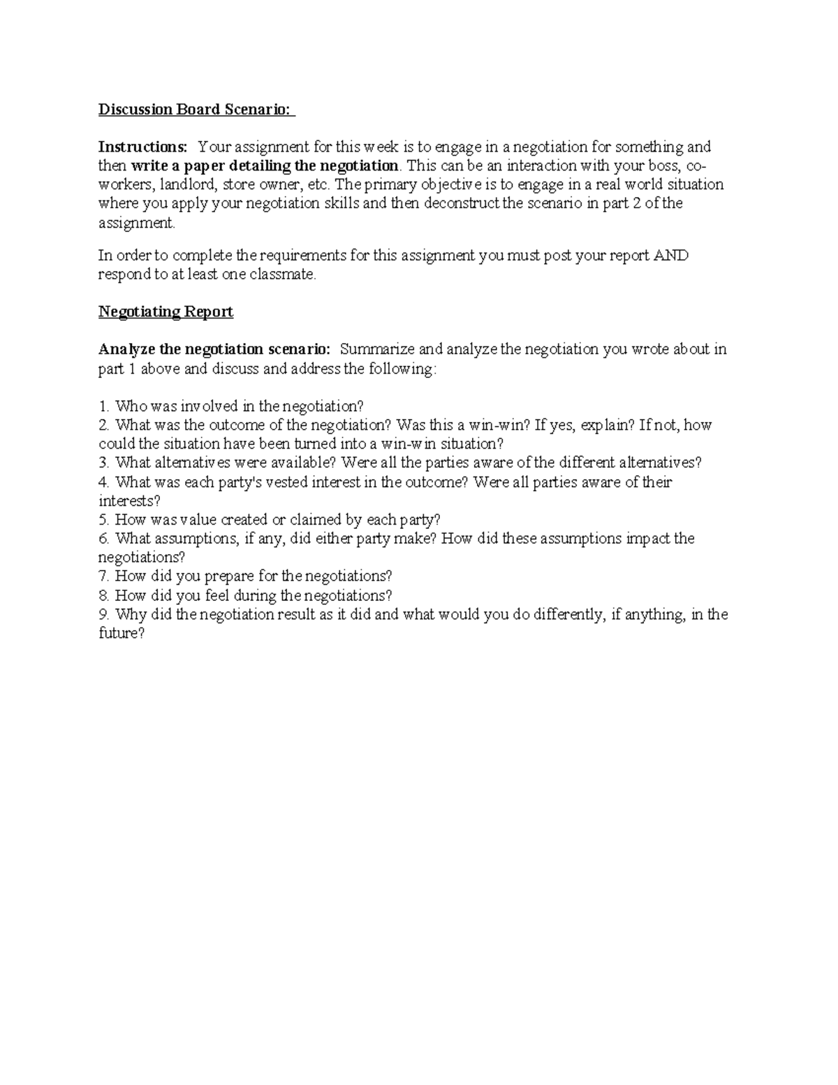 Negotiating Report Template - Discussion Board Scenario: Instructions ...