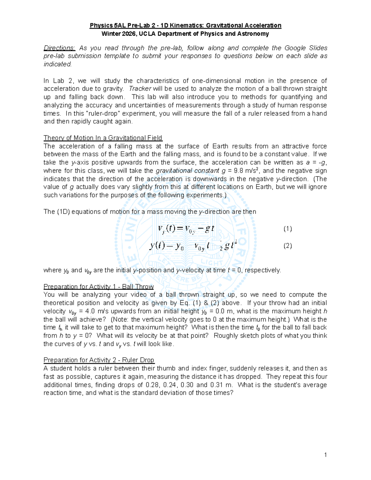 Physics 5AL Pre-Lab 2: 1D Kinematics & Gravitational Acceleration W26 ...