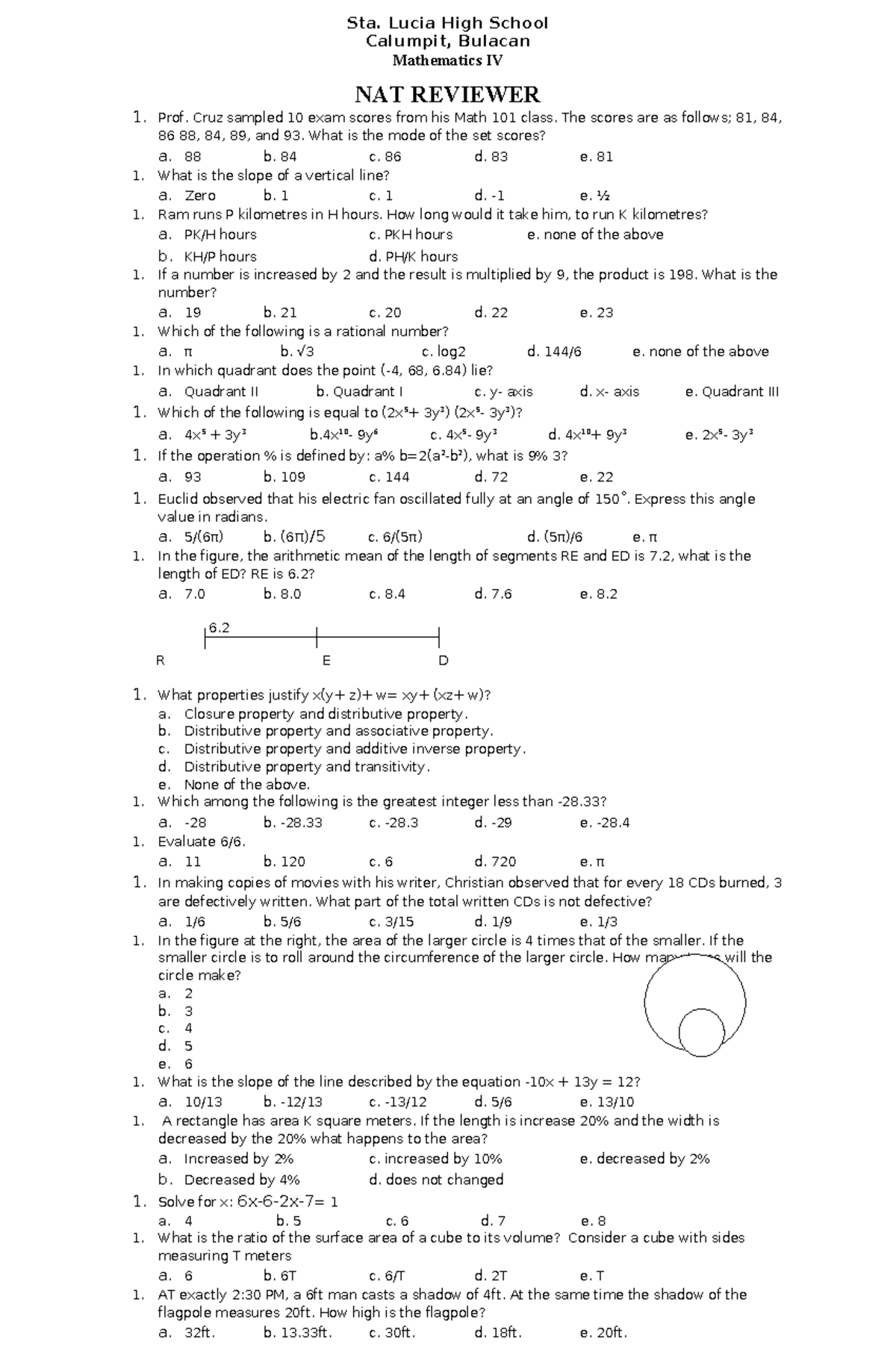 Mathematics IV - NAT Reviewer for Exams and Practice Questions - Studocu