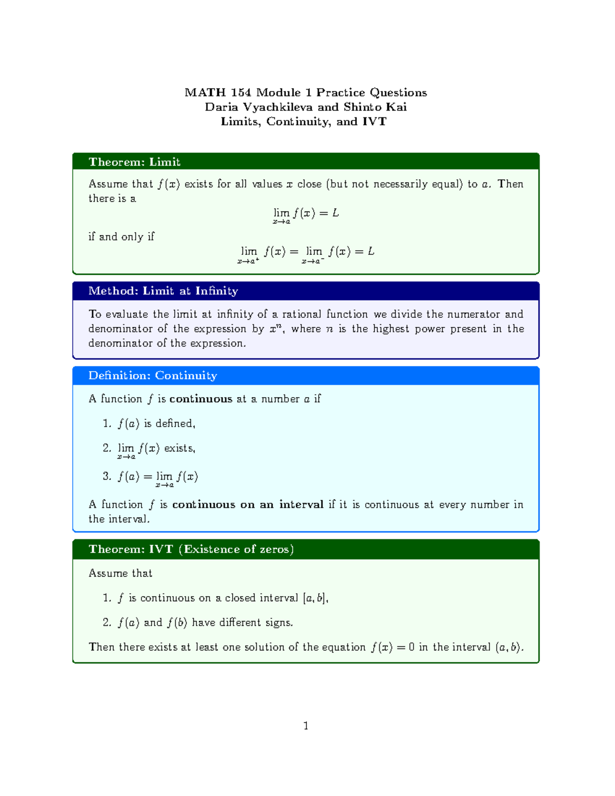 MATH 154 Module 1 Review: Limits, Continuity, and IVT Theorem Notes ...
