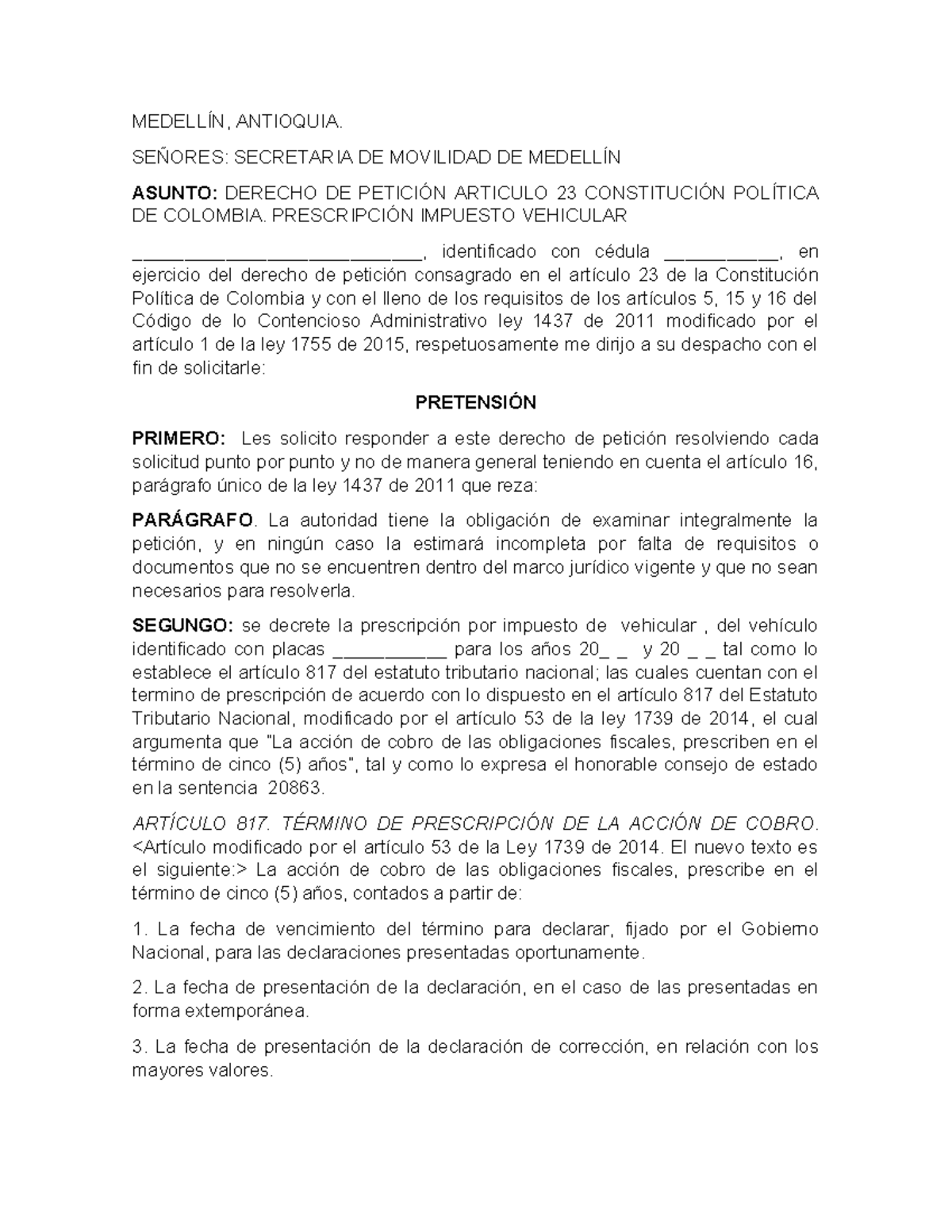 Solicitud de Prescripción de Impuesto Vehicular en Medellín - Document Preview