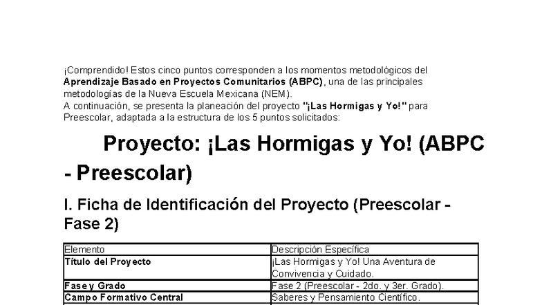 Planeación del Proyecto Hormigas y Yo! (ABPC Preescolar Fase 2) - Document Preview