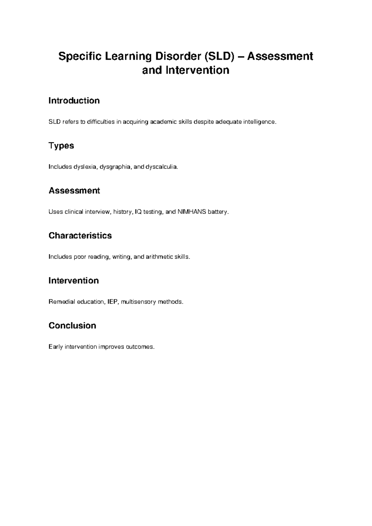 SLD Assessment and Intervention - Specific Learning Disorder (SLD ...