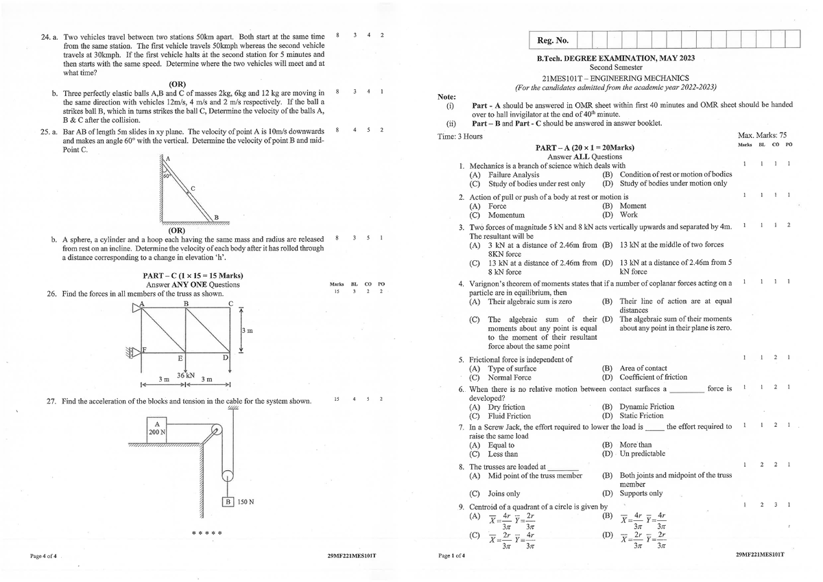 Engineering Mechanics Exam - 21MES101T - May 2023 - Studocu