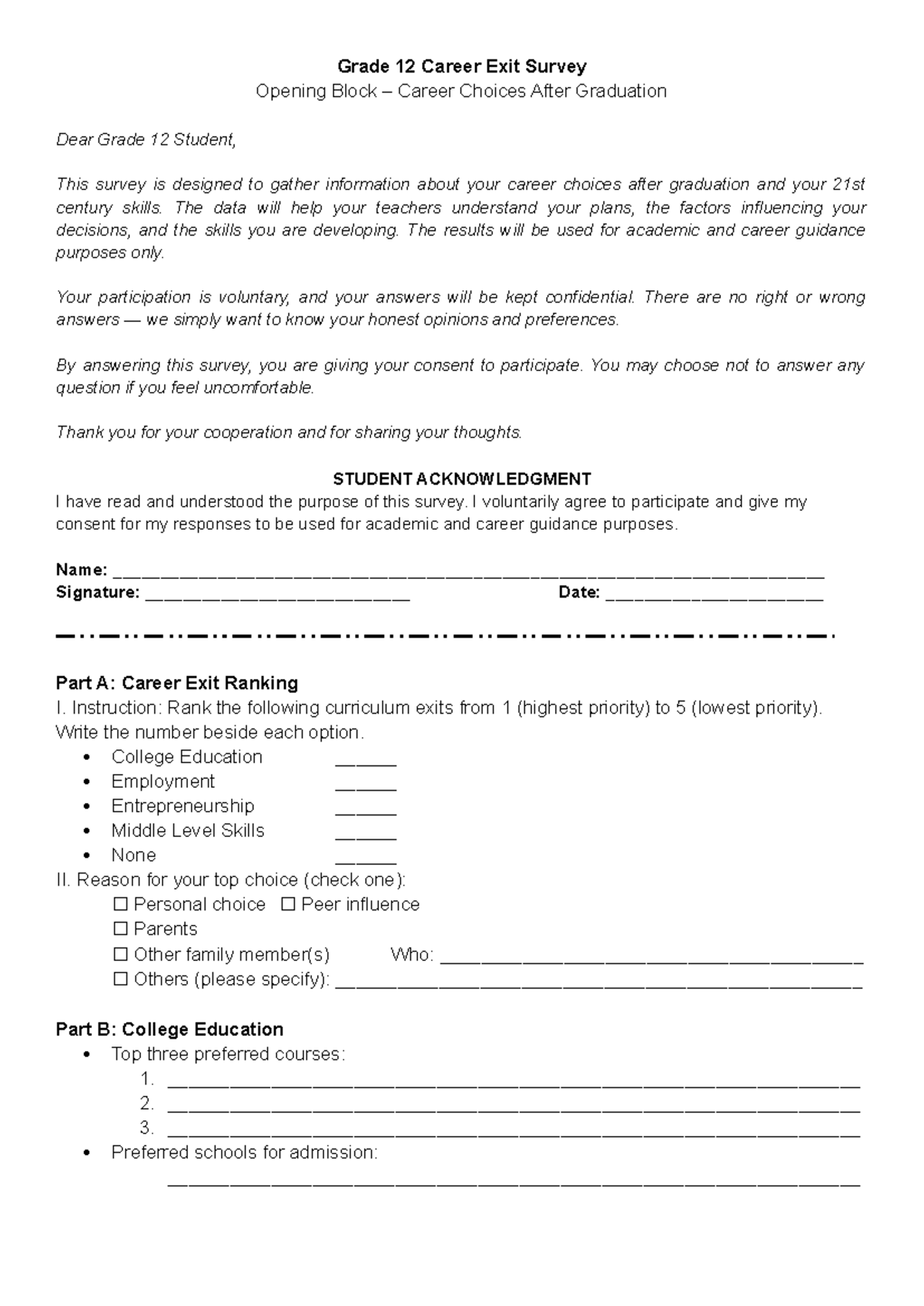 Grade 12 Career Exit Survey: Exploring Post-Graduation Choices - Studocu