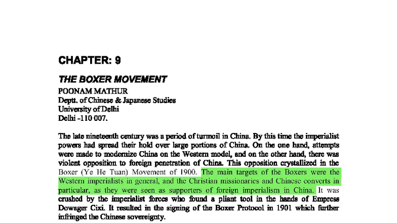 CHAPTER 9: THE BOXER MOVEMENT - POONAM MATHUR - Studocu